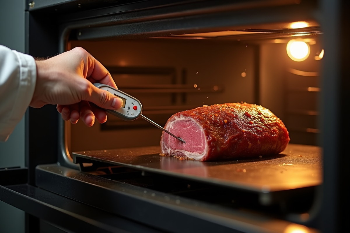 Chef vérifiant la température du rôti de boeuf au four