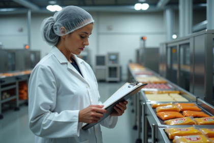 Inspectrice alimentaire en laboratoire avec blouse blanche