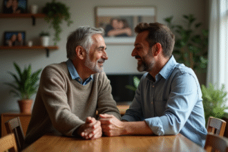 Deux hommes discutent face à face dans un salon chaleureux