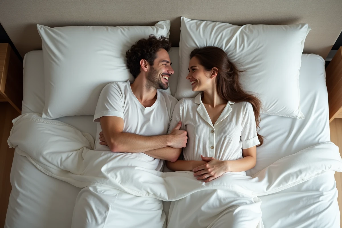 Vue aérienne d'un couple rieur allongé ensemble sur un lit en lin blanc dans une chambre moderne