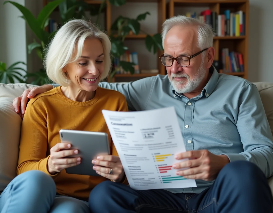 Couple analysant leur rapport d'autoconsommation EDF ENR sur tablette et document imprimé dans leur salon