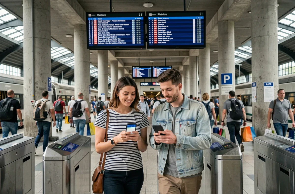 Couple utilisant l'application RATP dans une station RER parisienne le samedi