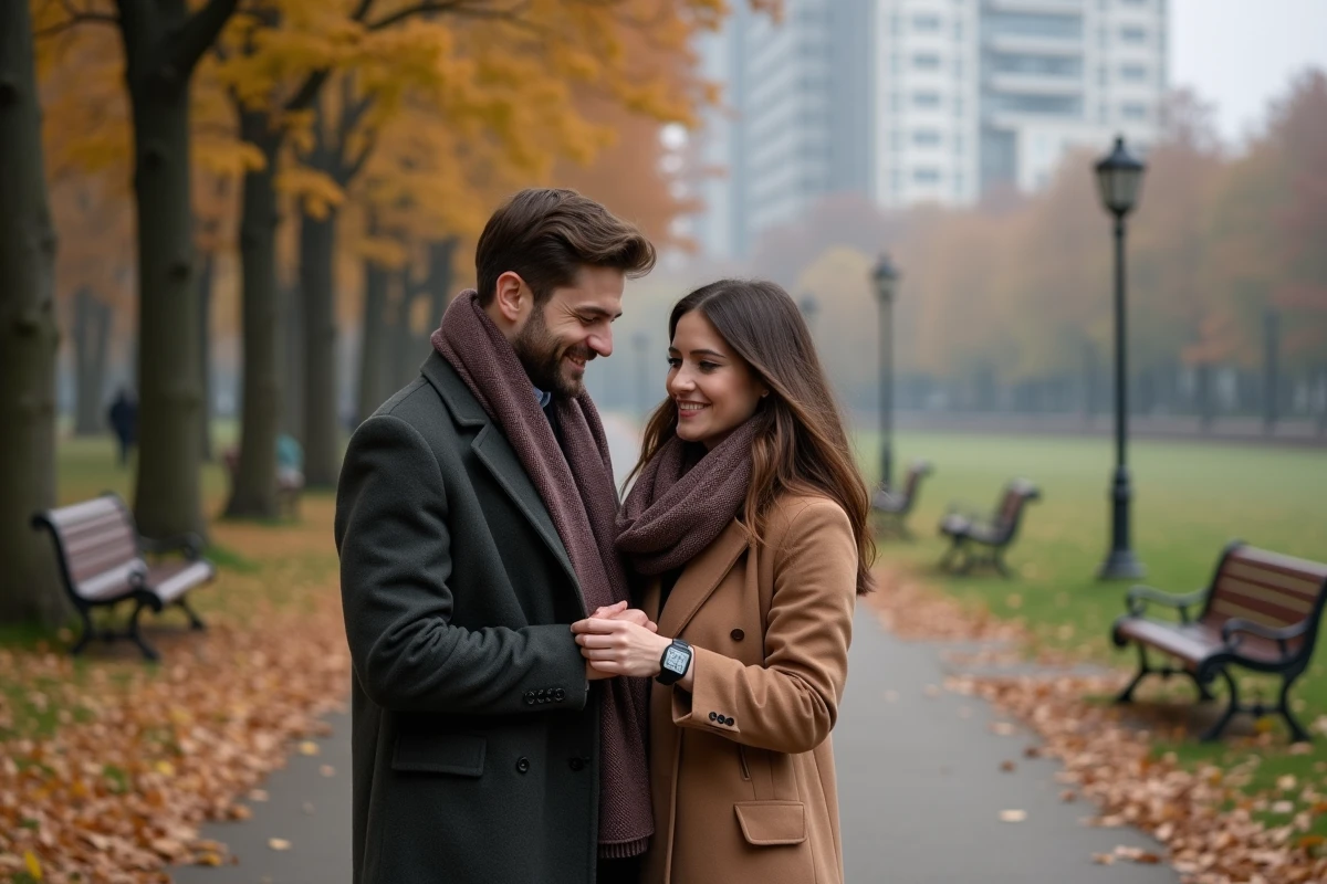 Couple regardant leur montre dans un parc d
