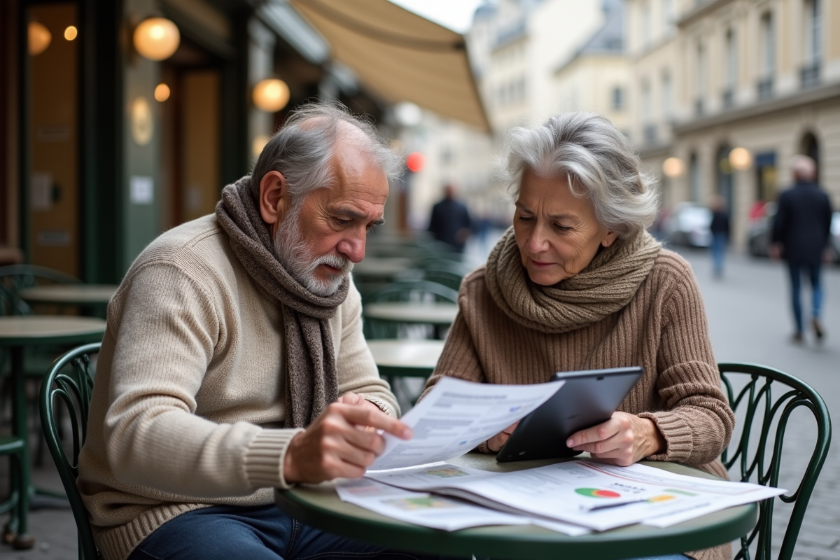 Vieux couple discutant à un café parisien