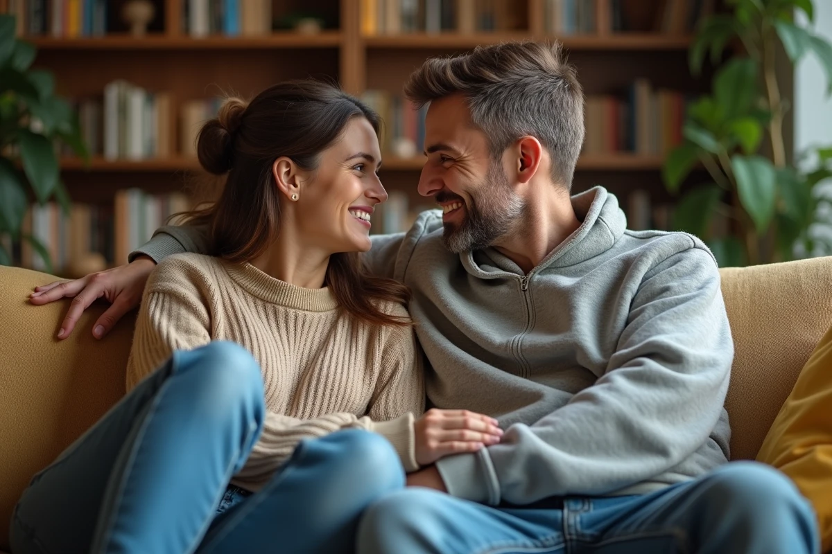 Couple complice assis ensemble sur un canapé dans un salon chaleureux aux tons naturels