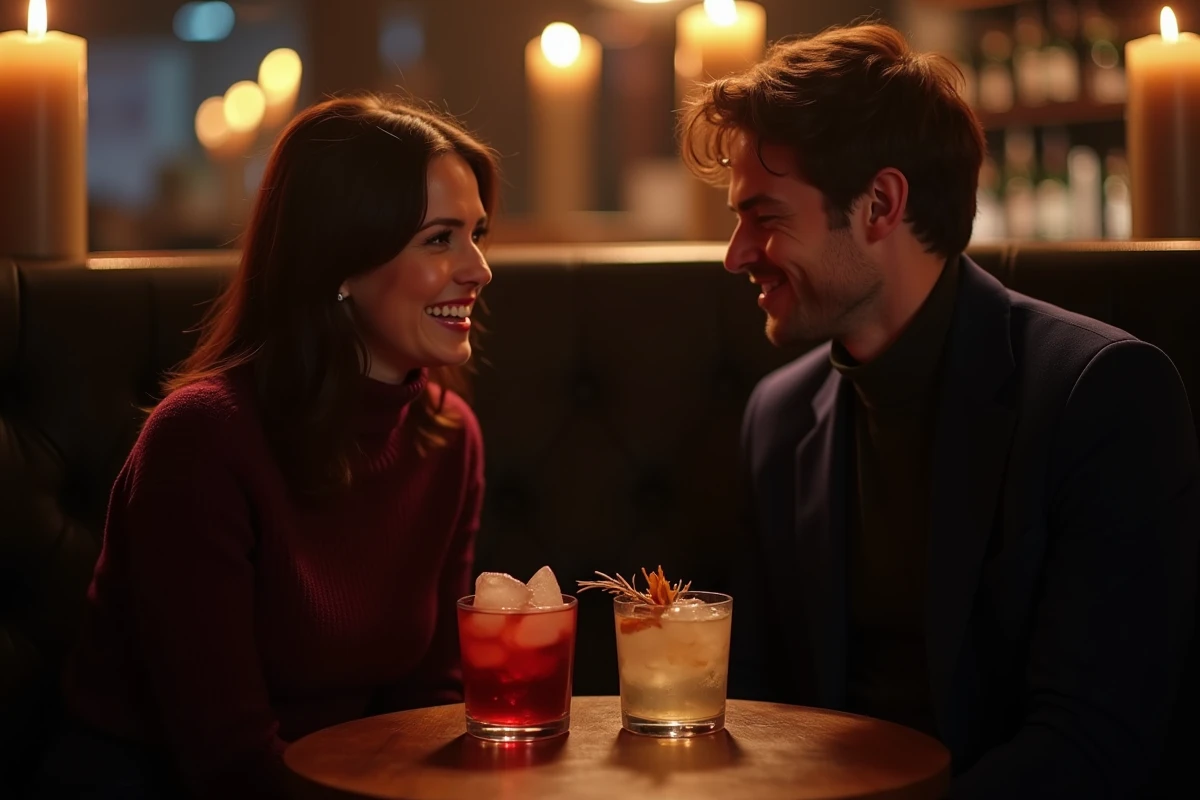 Couple en train de déguster des cocktails dans un bar intime de Lille, ambiance romantique et tamisée idéale pour un rendez-vous réussi