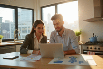 Jeune couple confiant examinant documents immobilier