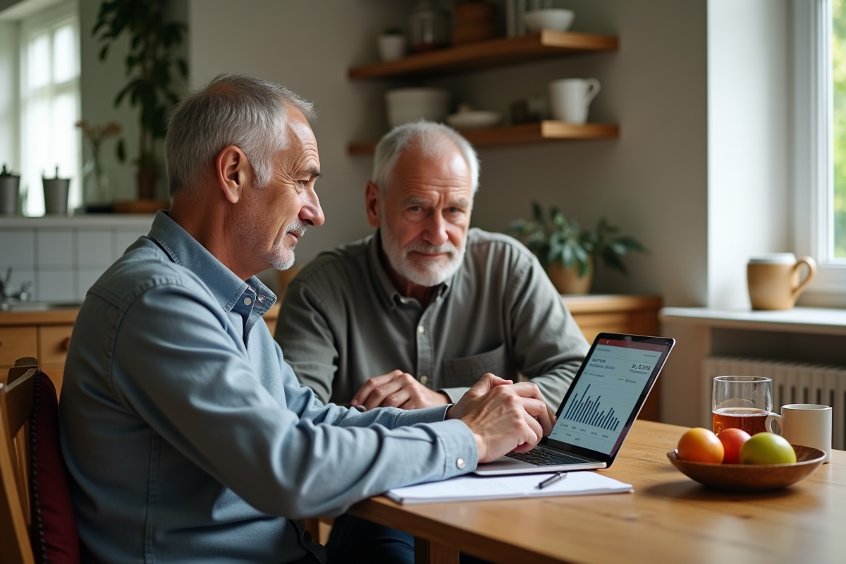 Couple discute de retraite à la maison avec tablette