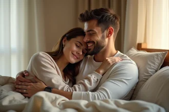Couple adulte partageant une étreinte tendre et complice dans une chambre cosy aux tons neutres