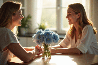 Couple souriant à la table avec fleurs dans la cuisine