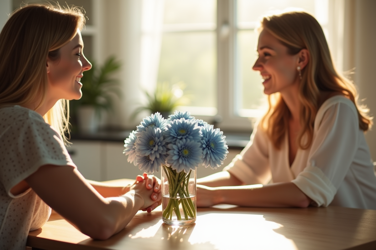 Couple souriant à la table avec fleurs dans la cuisine