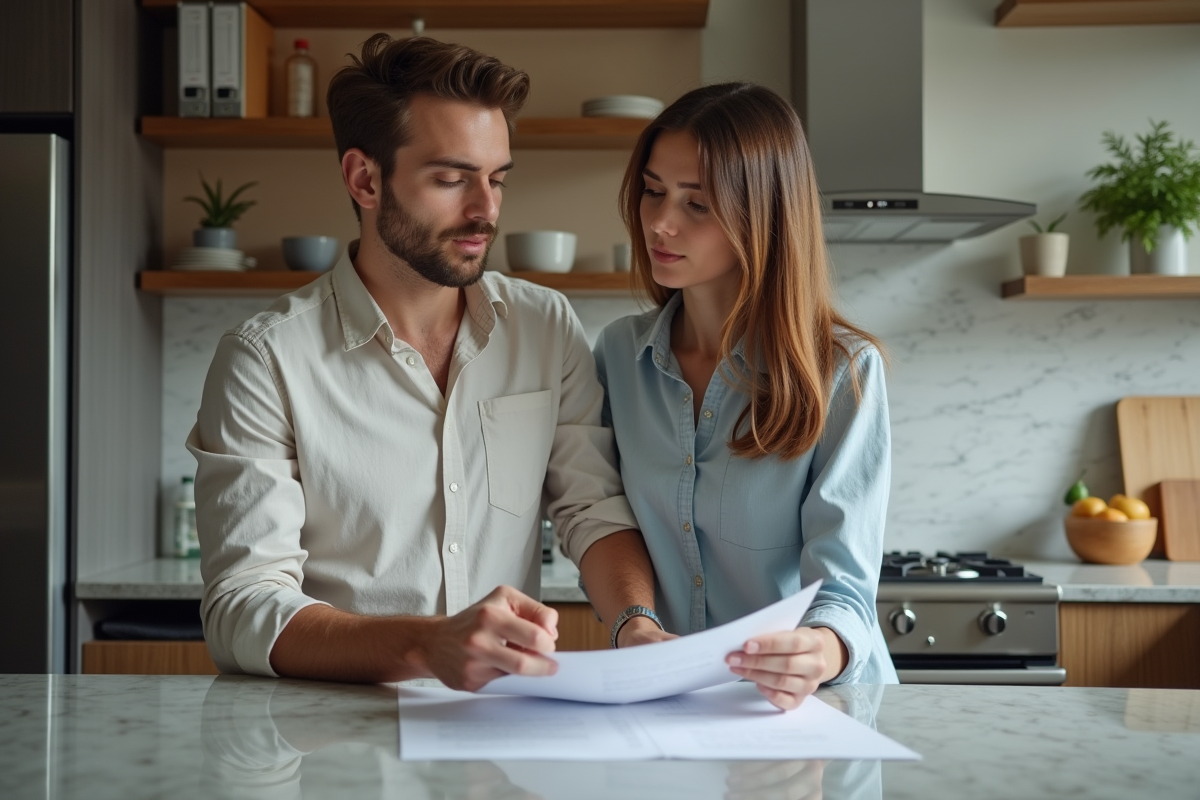 Couple examinant des documents de location dans une cuisine moderne