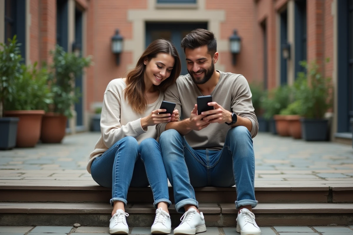 Couple complice partageant un message d'amour sur un téléphone assis sur des marches en bois en extérieur
