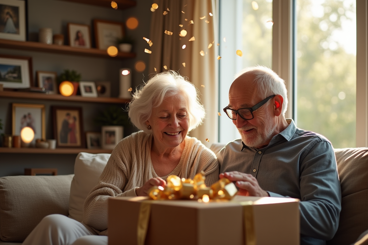 Couple âgé déballant un cadeau dans un salon lumineux