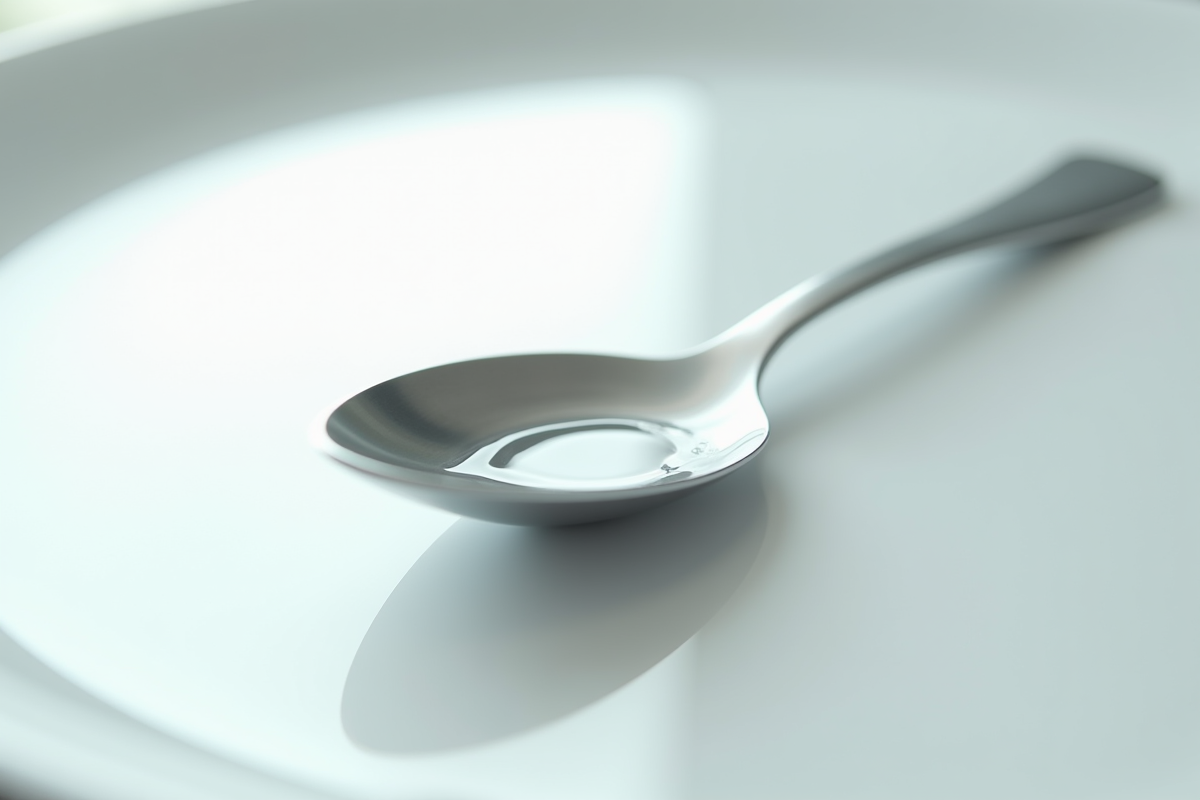 Cuillère en inox remplie d'eau vue de dessus pour article sur cuisine