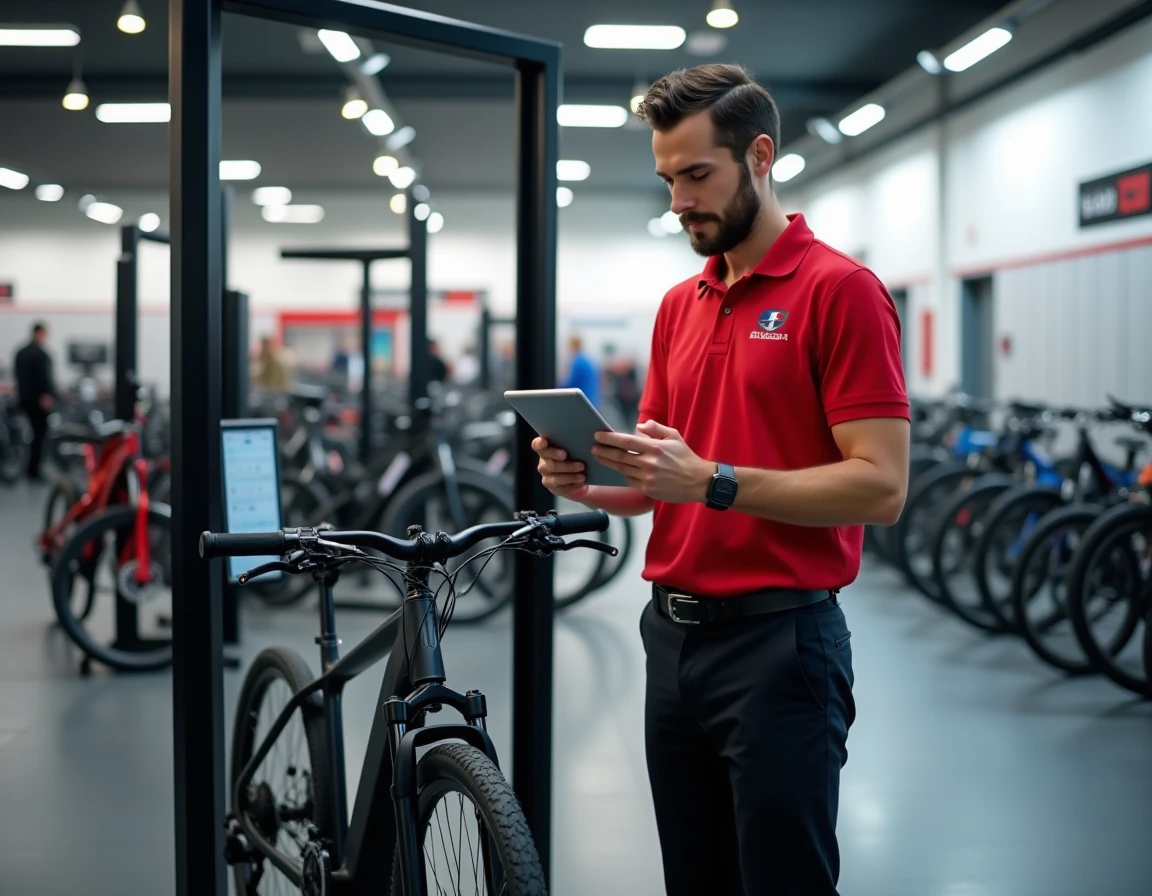 Technicien de Culture Vélo Vendenheim consultant une tablette devant un vélo électrique en réparation dans l'atelier près de Strasbourg