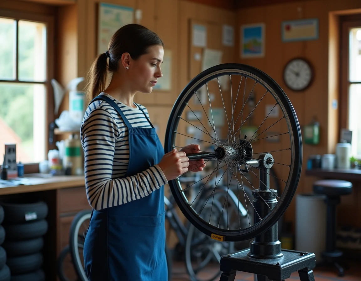 Mécanicienne de Cycles Wagner centrant une roue de vélo sur un gabarit de voilage dans l'atelier d'Ingersheim en Alsace