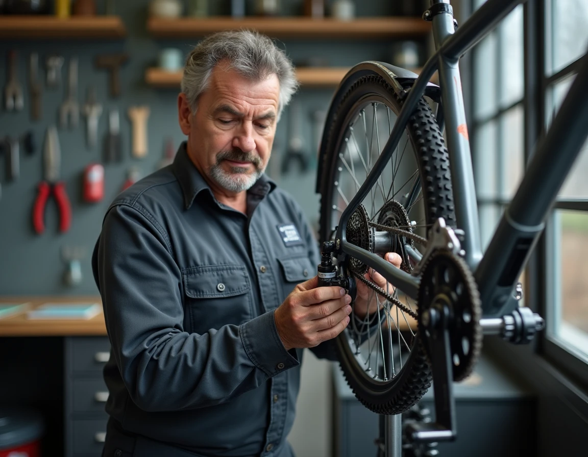 Mécanicien de Cycles Walas lubrifiant la chaîne d'un vélo de ville lors d'un entretien dans l'atelier de Metz