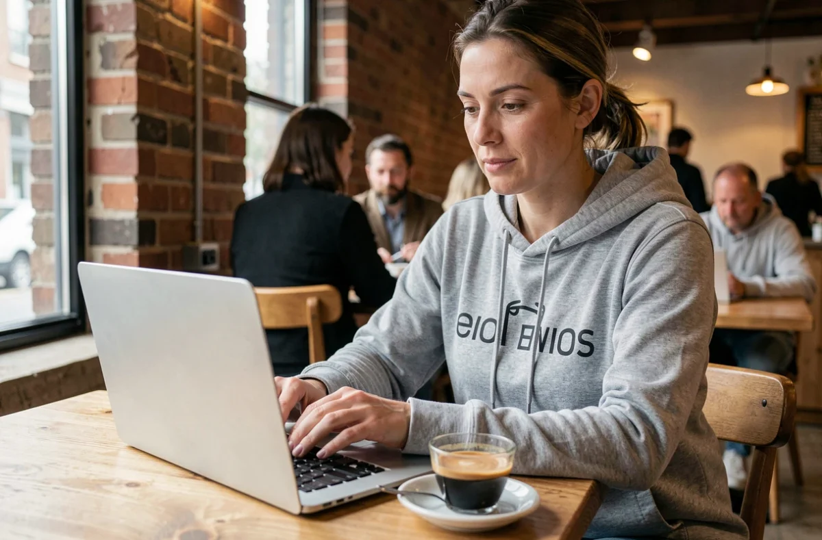Cycliste femme consultant un espace membre communautaire en ligne depuis un café, avec son ordinateur portable