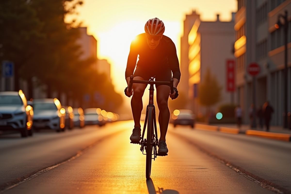 Cycliste ajustant la pression de son pneu en ville au lever du soleil