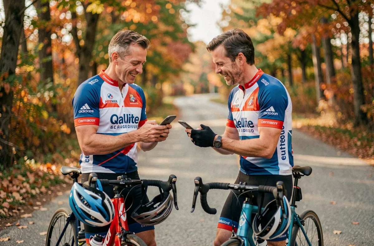 Deux cyclistes hommes échangeant leurs coordonnées sur smartphone lors d'une pause sur route, illustrant les rencontres via un club vélo