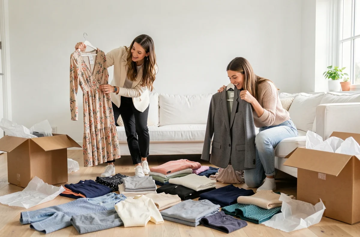 Deux femmes déballant des vêtements tendance commandés en ligne à petit prix dans un appartement moderne