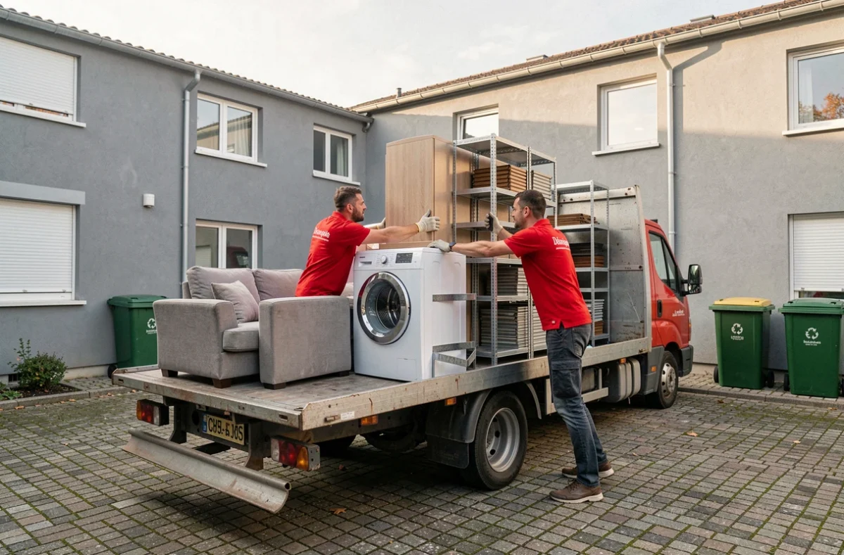Équipe Débarapide chargeant efficacement un camion dans la cour d'un immeuble résidentiel en Seine-et-Marne