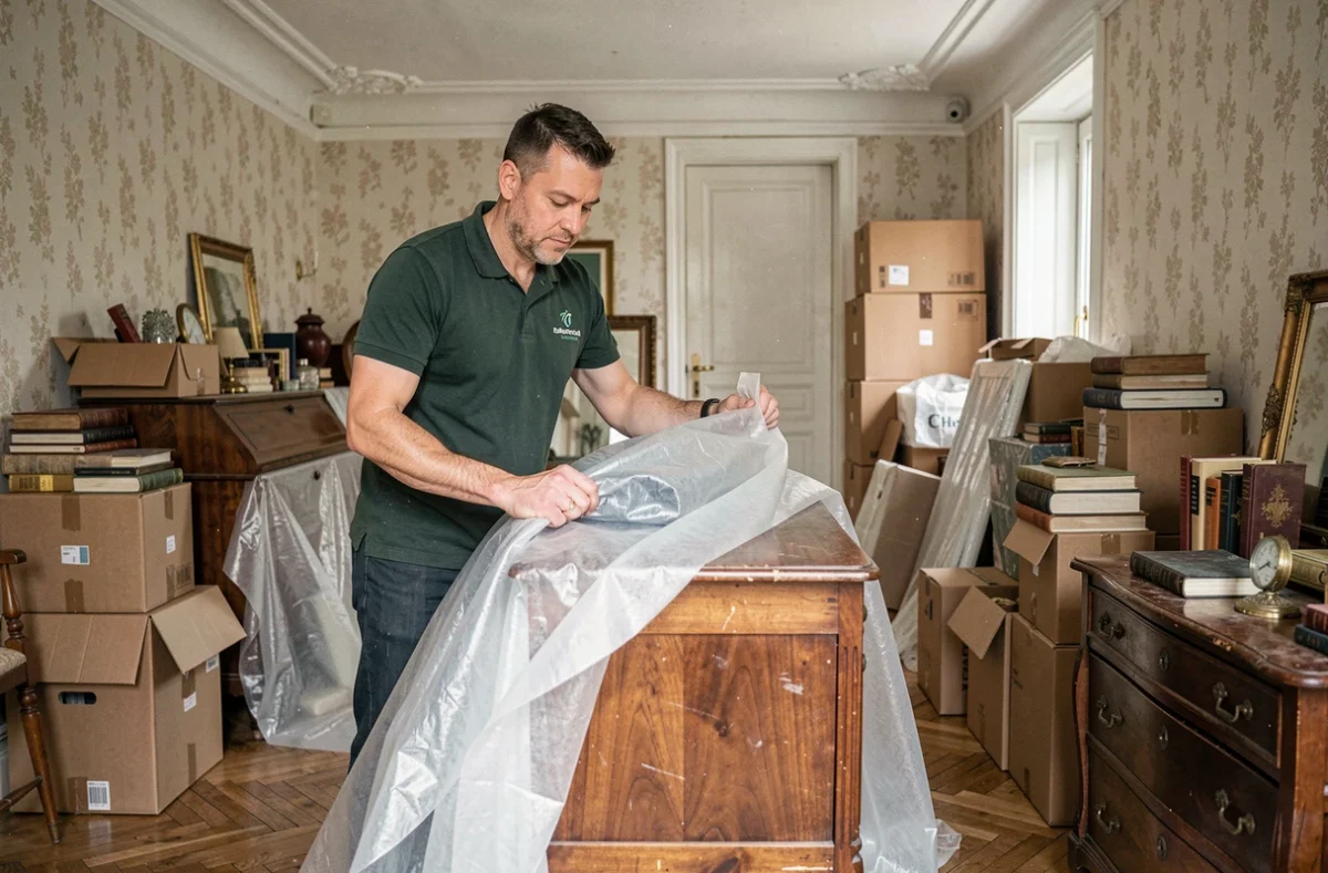 Technicien de Débarras Intégral Paris emballant un meuble ancien lors d'un vidage d'appartement haussmannien