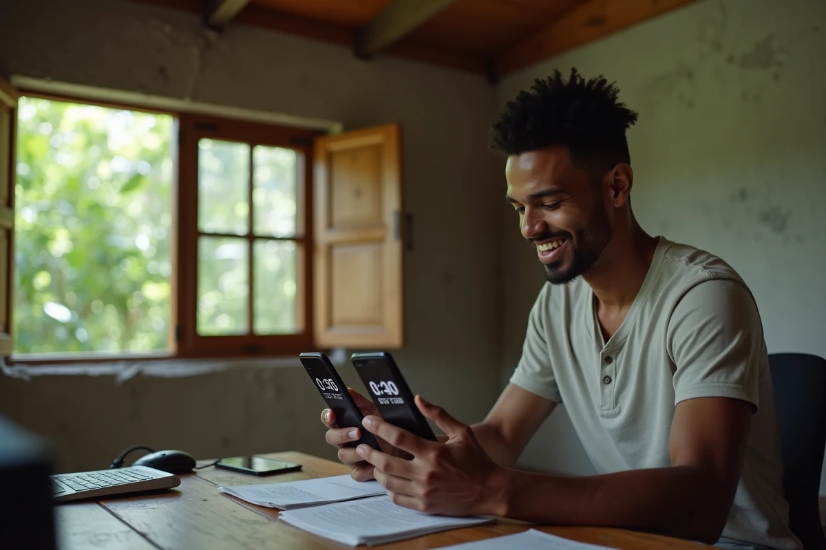 Jeune homme comparant deux fuseaux horaires sur des smartphones dans une maison tropicale en Guyane française, symbolisant le décalage horaire GUT-3