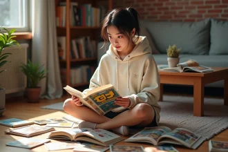 Jeune femme découvrant des mangas et webtoons éparpillés sur le sol de son appartement cosy