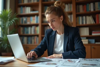 Femme consultant des documents de droits d'auteur liés aux personnages de dessins animés sur son bureau de travail