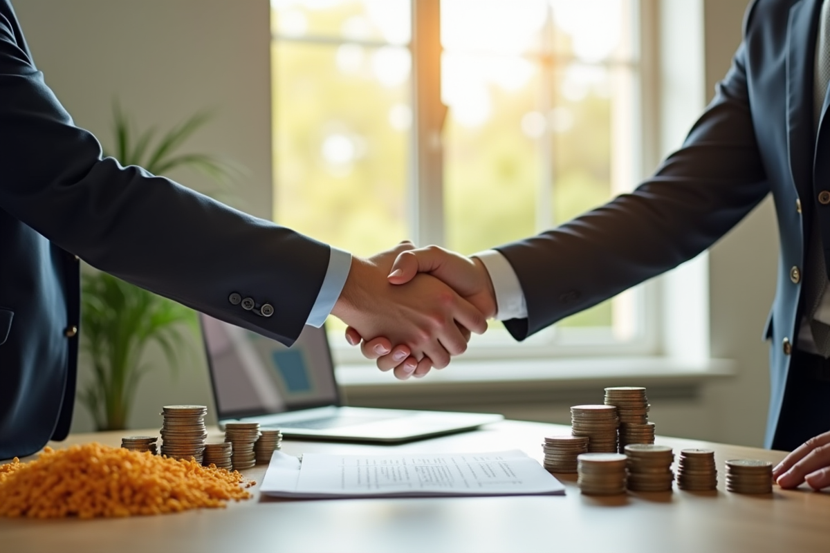 Échange entre un homme d'affaires et un agriculteur sur fond lumineux