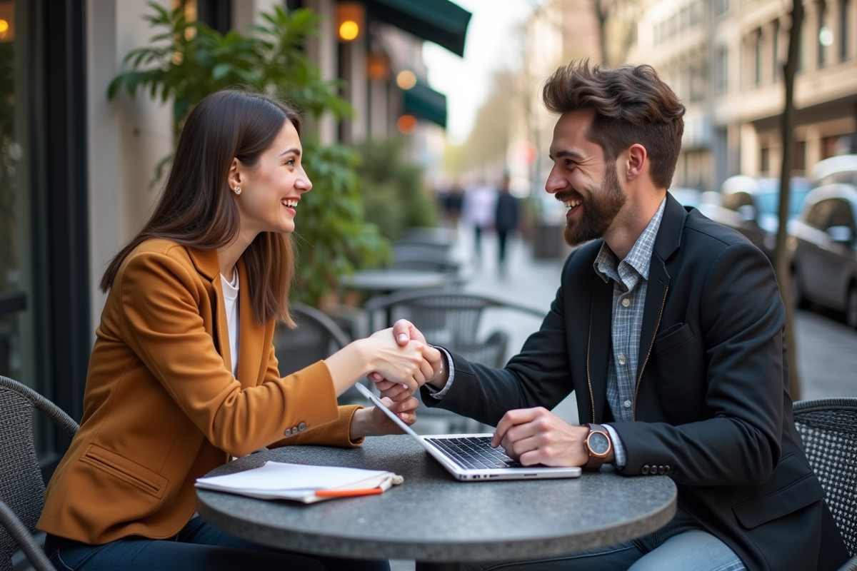 Deux entrepreneurs se serrant la main dans un café urbain