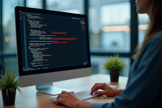 Écran d'ordinateur affichant un code d'erreur technique dans un bureau lumineux