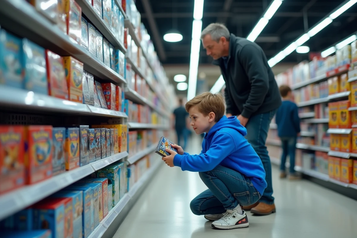 Enfant et son père dans un magasin de jouets examinant des boîtes de cartes Pokémon officielles dans un rayon dédié
