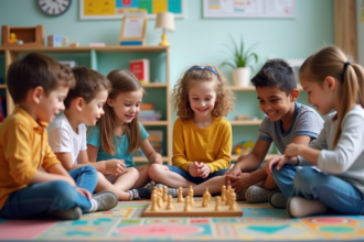 Groupe d'enfants jouant à un jeu de société en classe
