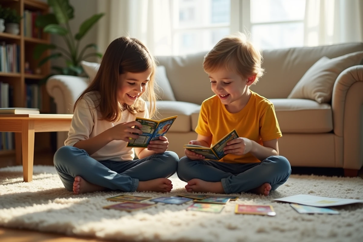 Deux enfants assis sur le tapis du salon ouvrant ensemble des pochettes de cartes Pokémon avec enthousiasme
