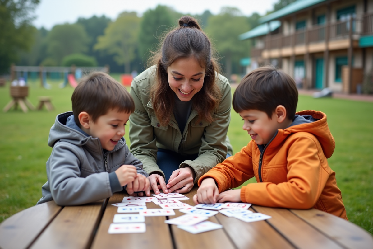 Enseignante avec enfants jouant à un jeu de maths en extérieur