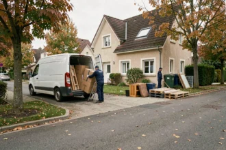 Équipe de débarras professionnelle en Seine-et-Marne chargeant des meubles devant une maison résidentielle