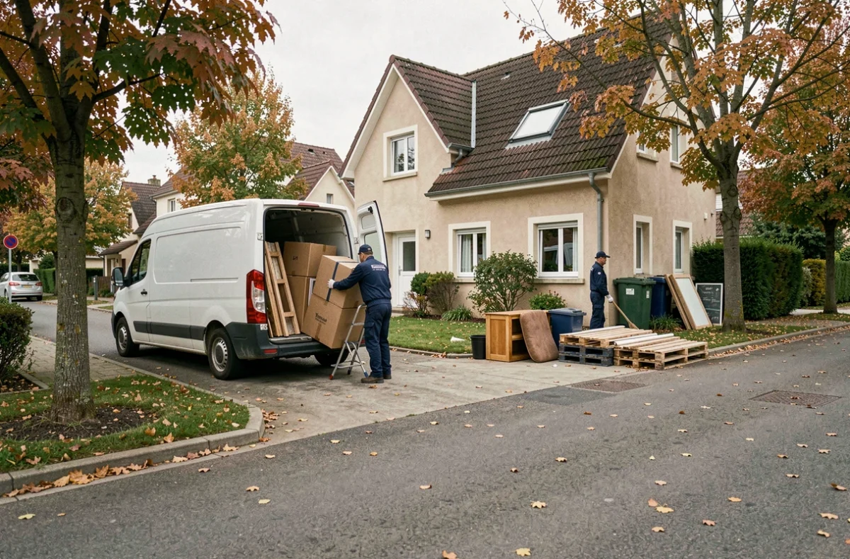 Équipe de débarras professionnelle en Seine-et-Marne chargeant des meubles devant une maison résidentielle