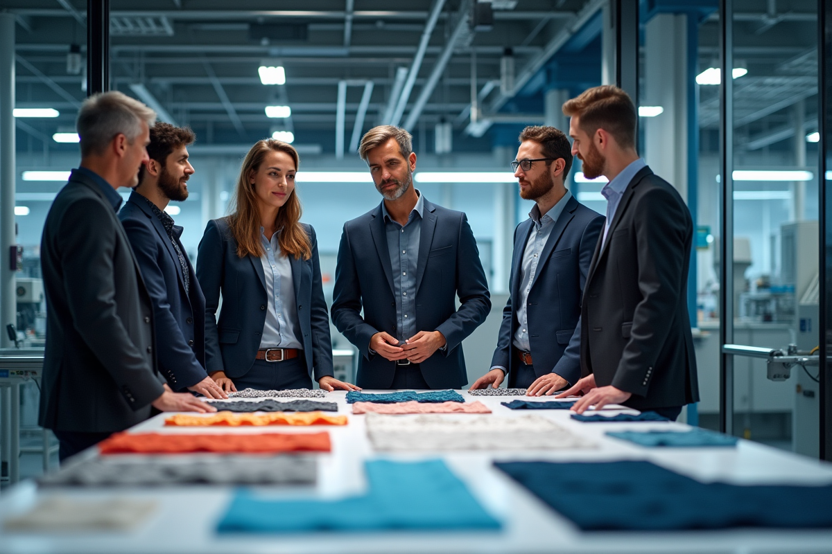 Groupe professionnel discutant de tissus futuristes en usine