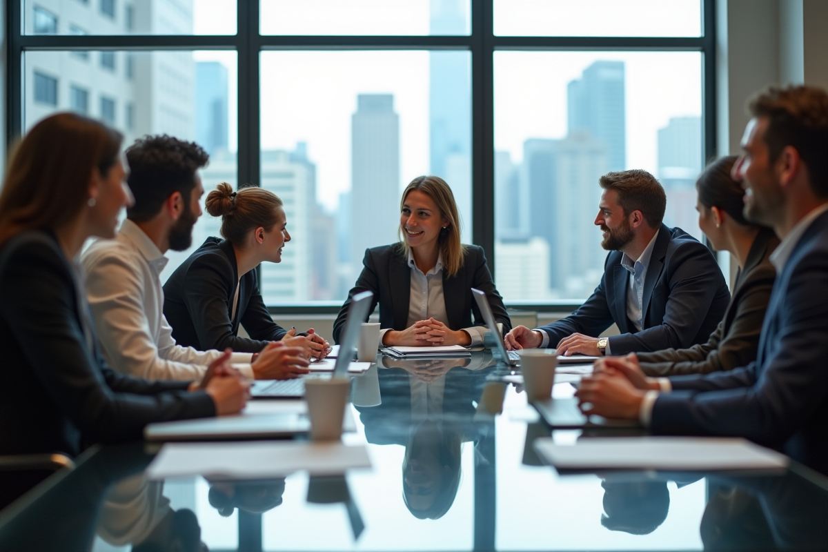 Équipe de jeunes professionnels en réunion dans un bureau lumineux