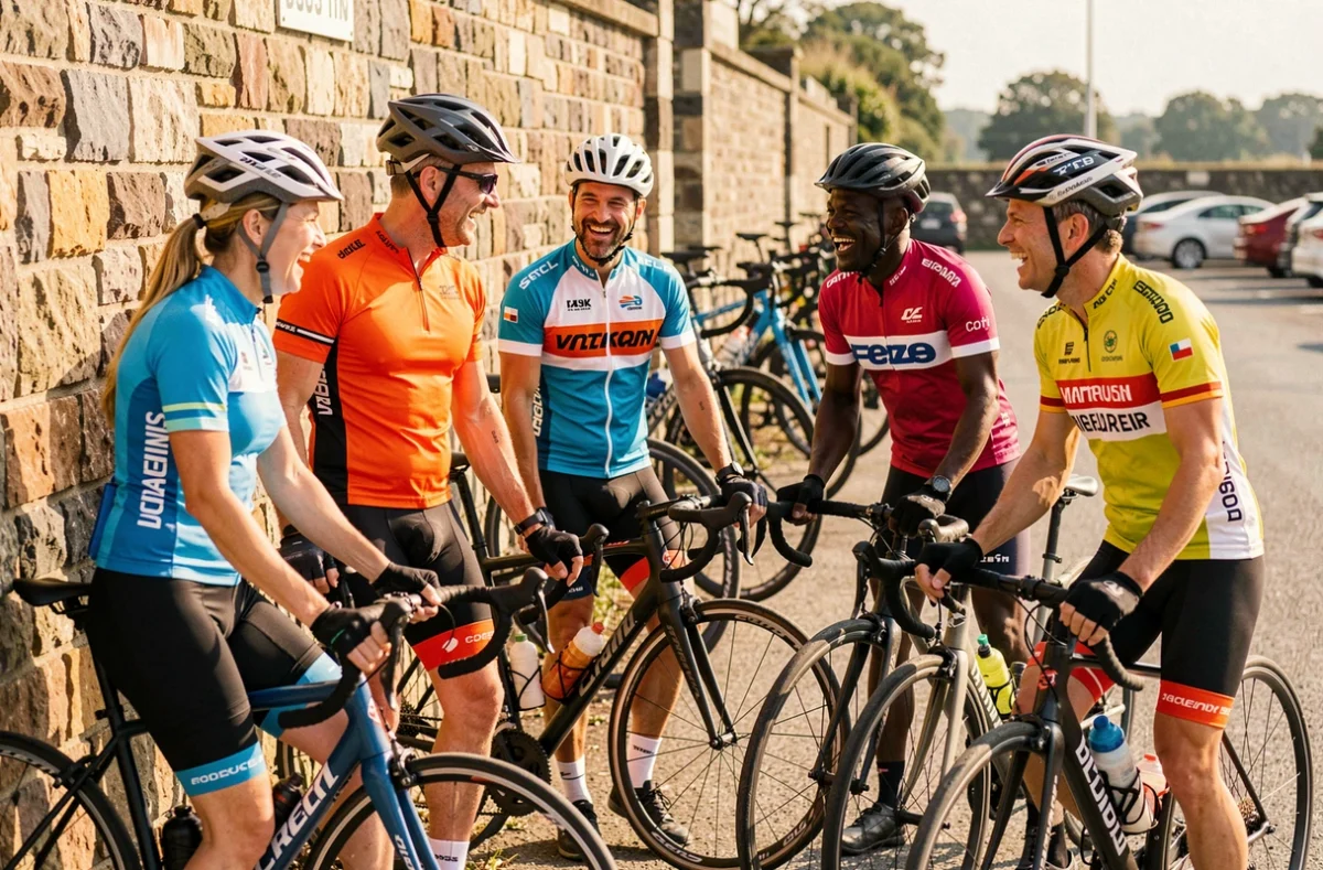Groupe de cyclistes adultes réunis après une sortie vélo en club, souriant et échangeant autour de leurs vélos de route