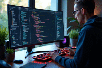 Espace de travail développeur moderne avec grand écran coloré