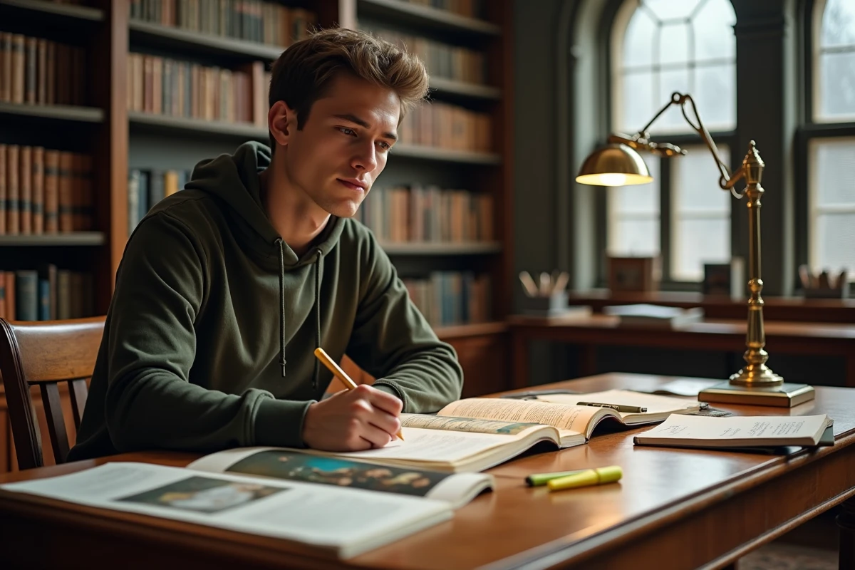 Étudiant en histoire préparant un exposé sur la peinture American Progress de John Gast avec des livres d'art