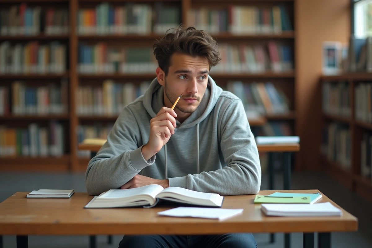 Étudiant concentré sur un exercice de grammaire française dans une bibliothèque universitaire