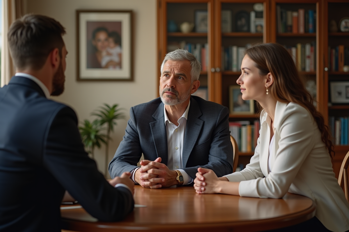Famille élégante en discussion dans un intérieur chaleureux