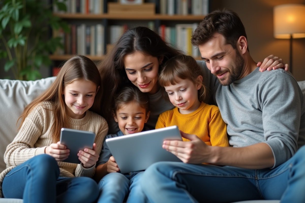Famille diverse utilisant des appareils numériques dans le salon