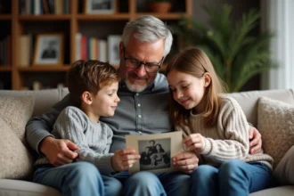 Pere et enfants regardant une photo en famille dans le salon