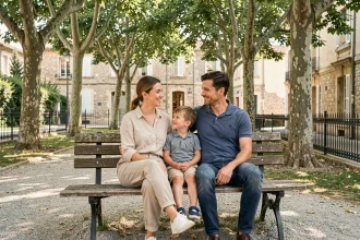 Famille avec enfants assise dans un parc du centre-ville de Narbonne entourée d'arbres et de bâtiments historiques